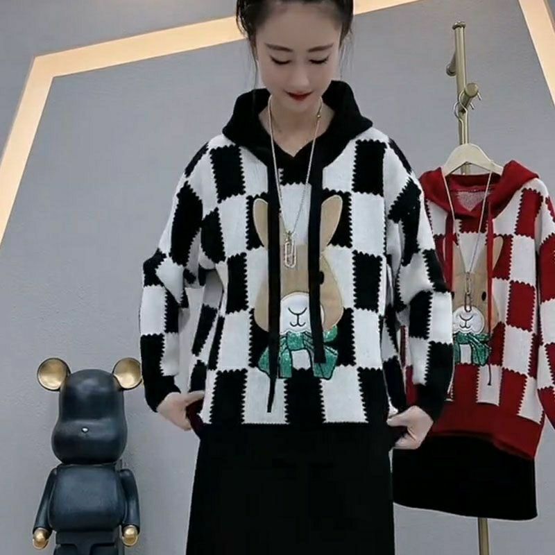 Hooded Cartoon Rabbit Plaid Red Sweater + Skirt Women's Autumn and Winter New European Station Lazy Wind Two-piece Set