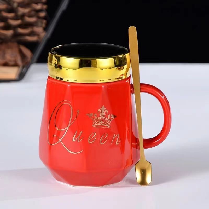创意带盖勺男女陶瓷水杯喝水杯情侣咖啡杯办公室杯子礼盒装送人