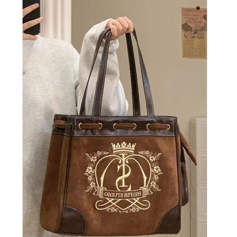 HIATUS文藝復古花朵字母皇冠刺繡托特包秋冬絨面大容量休閒單肩包