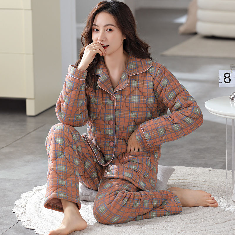 Geqianya plaid pajamas women's winter thickened three-layer quilted can be worn outside ladies' home service suit winter cotton-padded jacket
