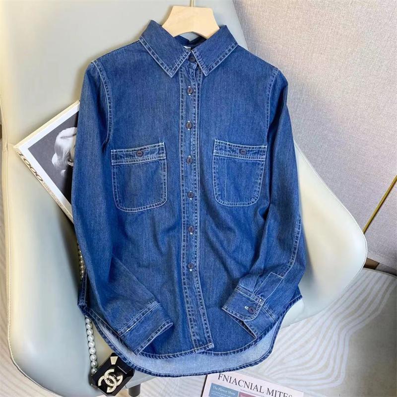 Spring and Autumn Korean version of the dark blue high-end denim shirt women look thin layered wear bottoming tops reduce age all-match shirts