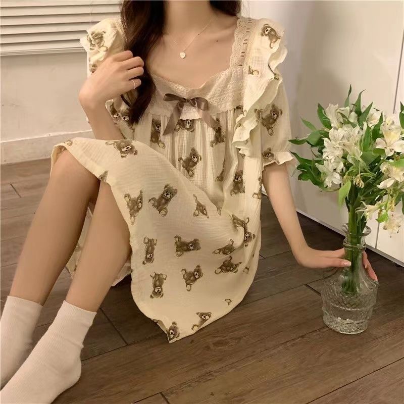 Ins cute sweet bear pajamas female summer short-sleeved thin nightdress princess style ruffles students can wear outside