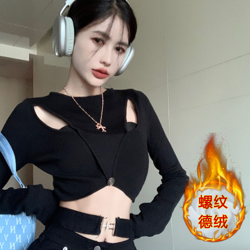 黑色鏤空長袖德絨女秋冬季辣妹高腰露臍性感緊身毛衣短款打底上衣