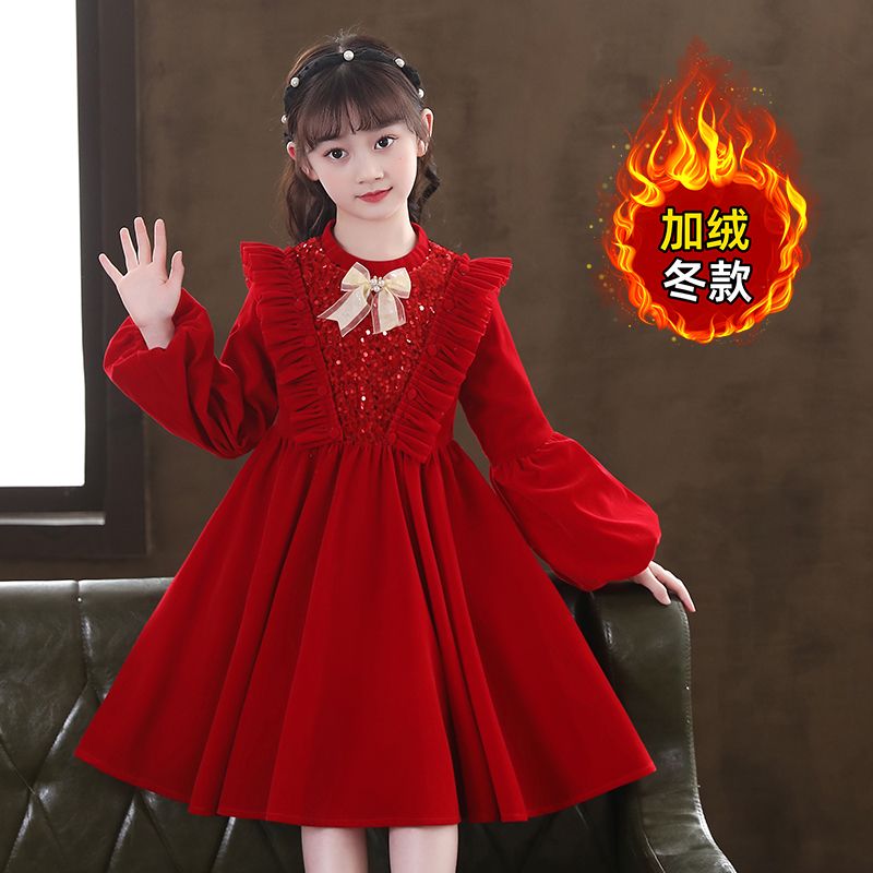萬聖節女童秋冬2023新款連衣裙加絨紅色唐裝拜年服洋氣時髦高級感