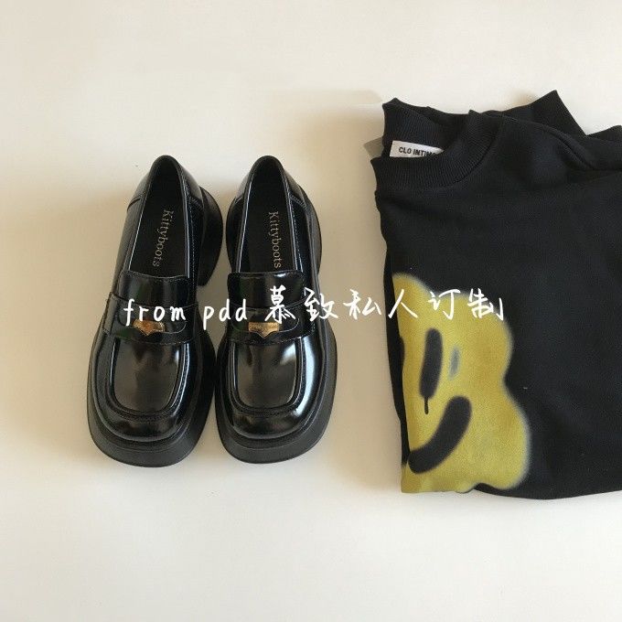 小皮鞋女復古英倫風方頭百搭設計感小眾增高厚底一腳蹬金幣樂福鞋