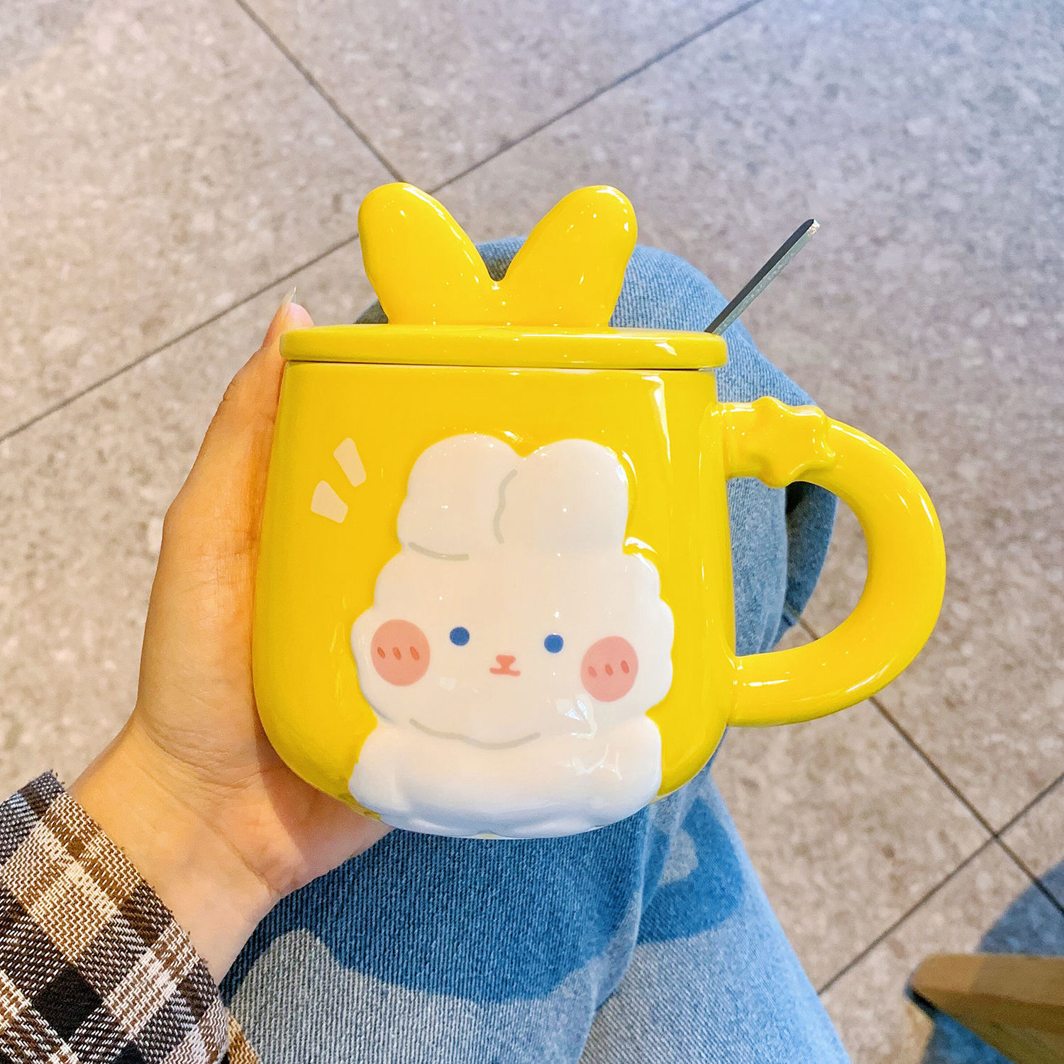 陶瓷杯子带盖勺马克杯可爱兔子高颜值喝水杯家用情侣办公室咖啡杯
