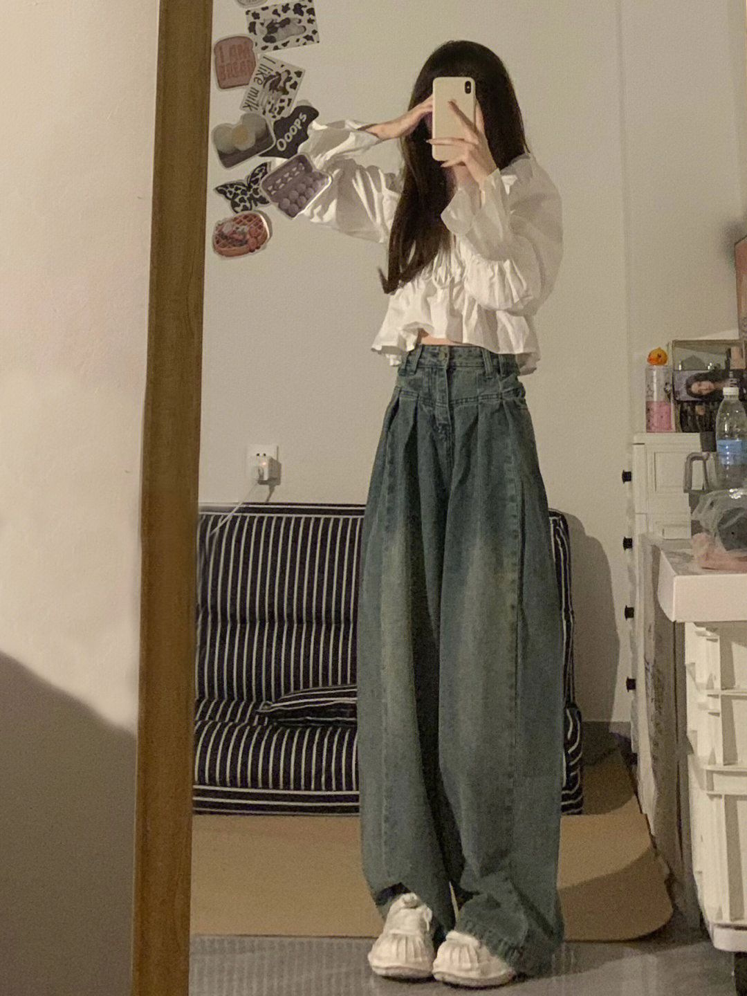 美式復古高街設計感小眾高腰闊腿牛仔褲女秋冬款寬鬆顯瘦拖地褲子