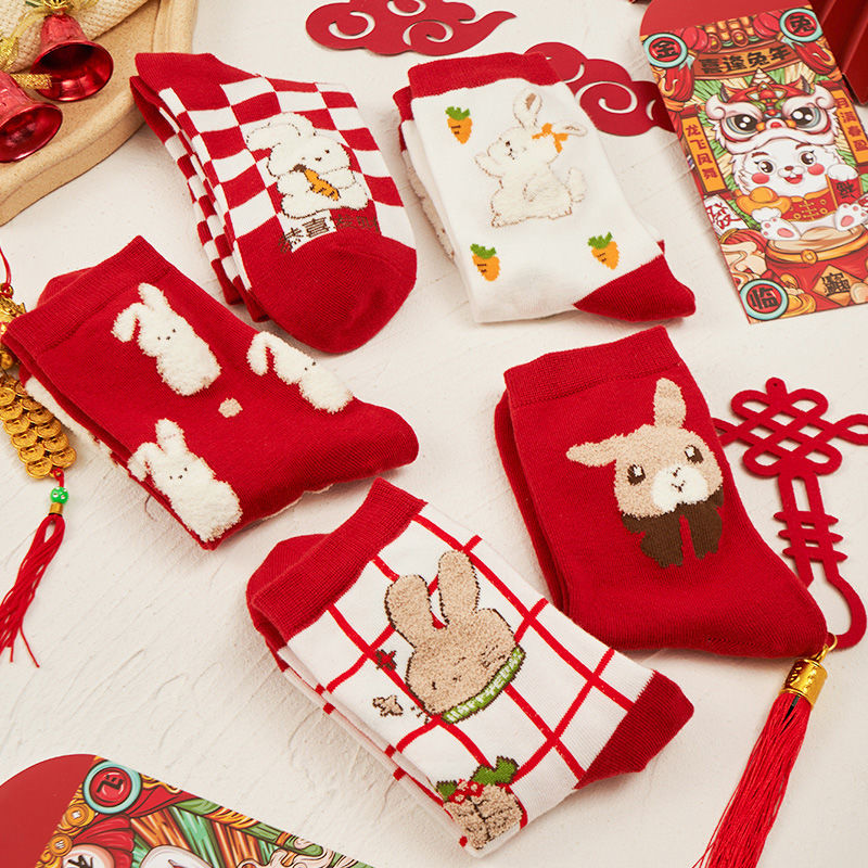 Chinese New Year red socks cute rabbit ins tide autumn and winter middle tube natal year New Year rabbit socks wedding socks