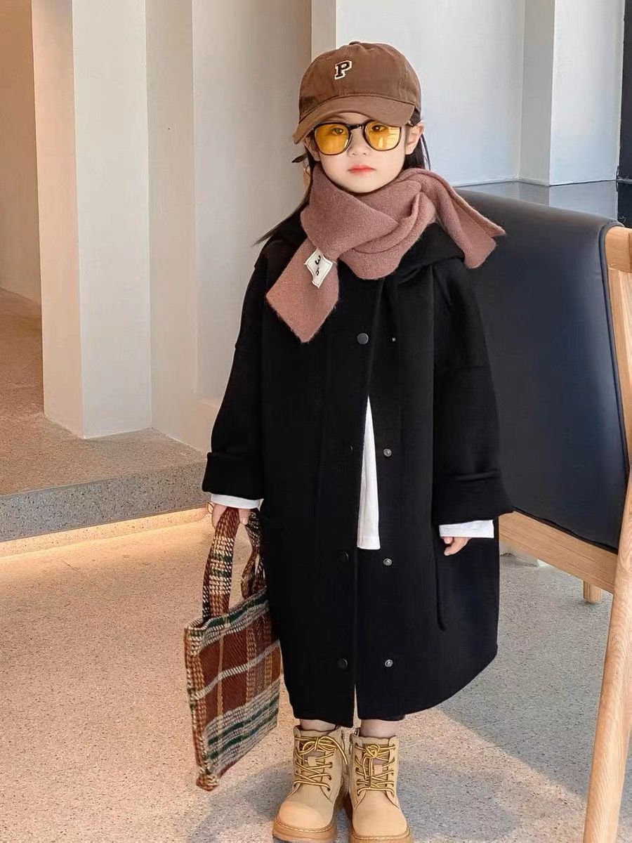 High-end children's clothing mid-length girl's coat thickened woolen coat small and medium-sized children's woolen hooded coat winter windbreaker