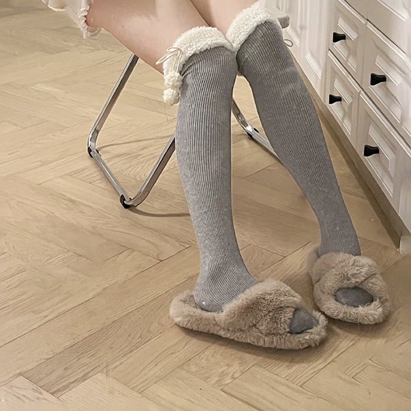 日系jk冬季羊羔毛球过膝大腿棉袜中长筒袜子加绒加厚保暖防寒显瘦