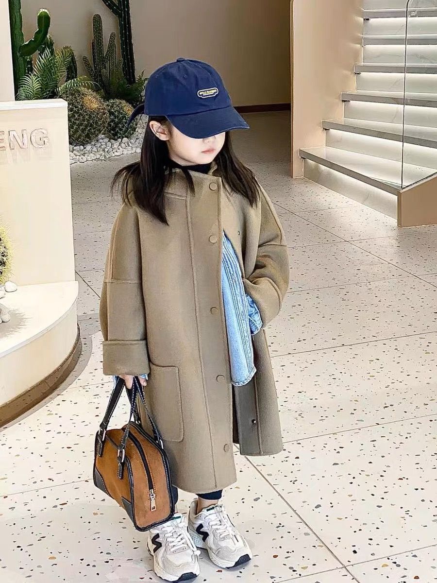 High-end children's clothing mid-length girl's coat thickened woolen coat small and medium-sized children's woolen hooded coat winter windbreaker