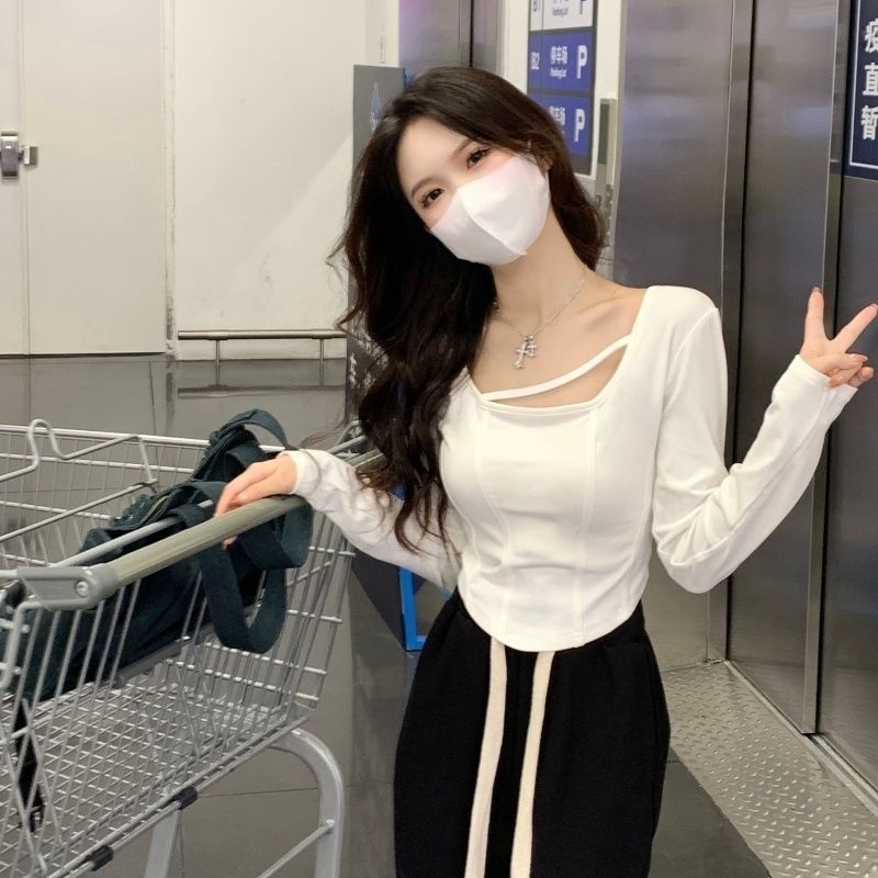 Pure desire design fishbone long-sleeved t-shirt female spring and autumn self-cultivation short section hot girl white inner bottoming shirt top ins