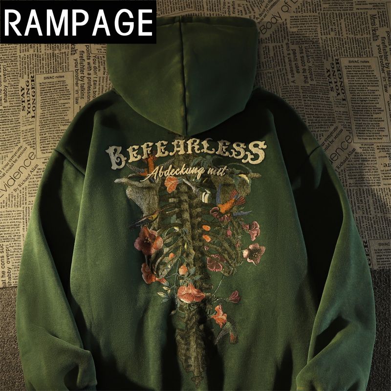 RAMPAGE pure cotton American high street floral skeleton hooded sweatshirt for men and women ins hip-hop cool style loose top