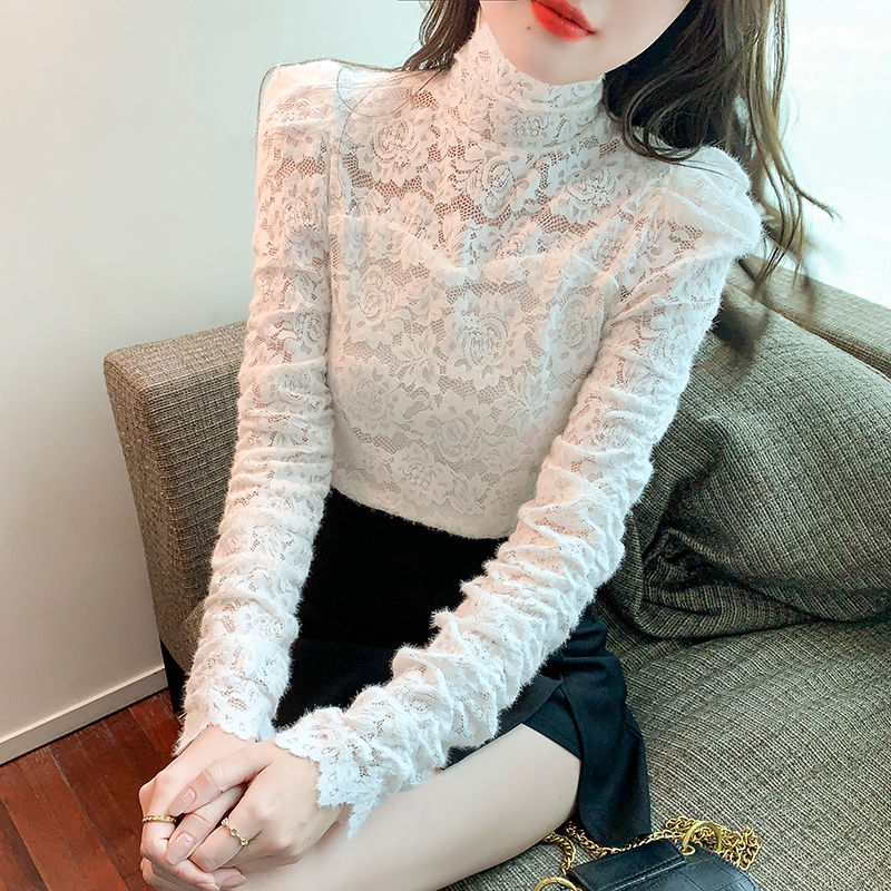 磨毛高領蕾絲打底衫女秋冬新款設計感泡泡袖內搭漂亮上衣洋氣小衫