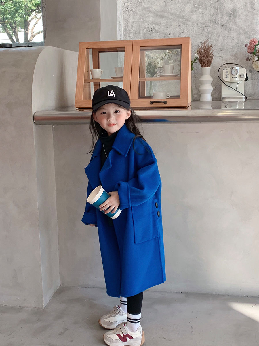 Girls' woolen coat 2022 winter foreign style children's long woolen coat middle and big children's fashionable cotton winter clothes