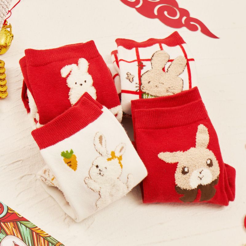 Chinese New Year red socks cute rabbit ins tide autumn and winter middle tube natal year New Year rabbit socks wedding socks