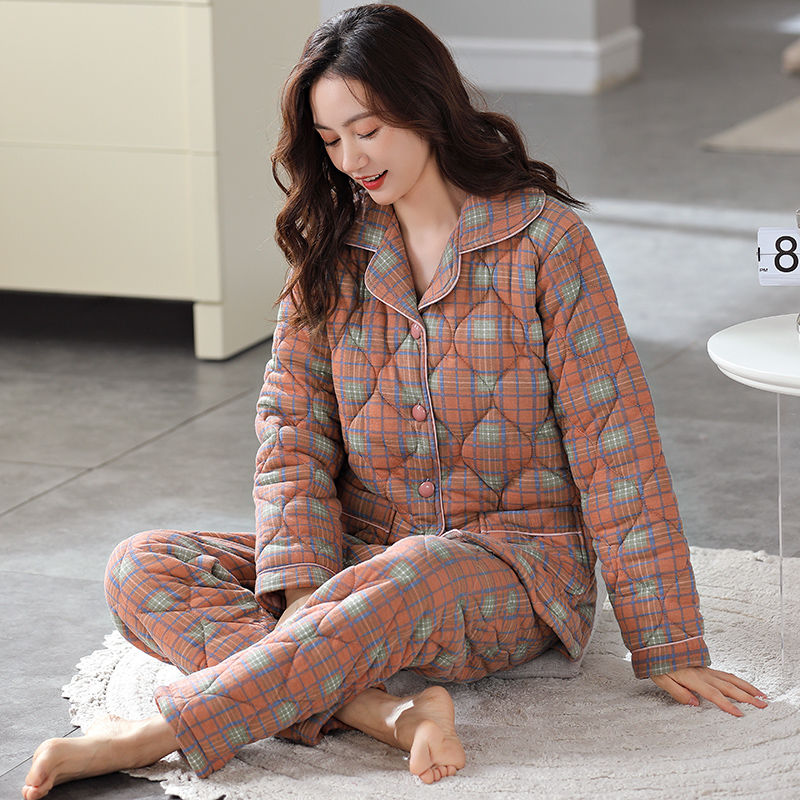 Geqianya plaid pajamas women's winter thickened three-layer quilted can be worn outside ladies' home service suit winter cotton-padded jacket