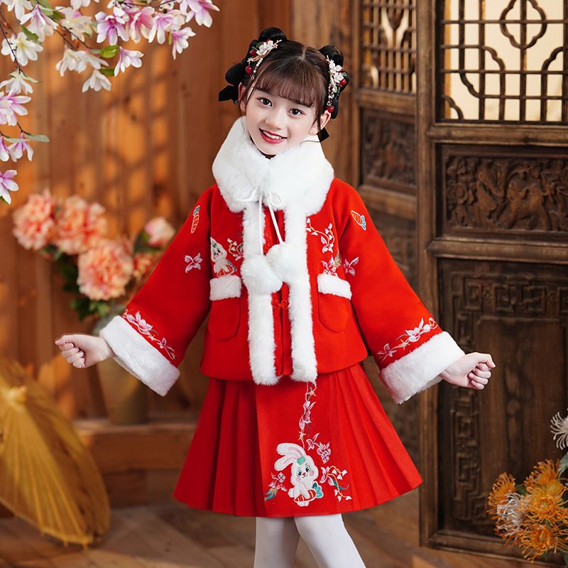 拜年服女童漢服冬季加絨加厚兒童古風新年唐裝女孩冬款過年套裝冬