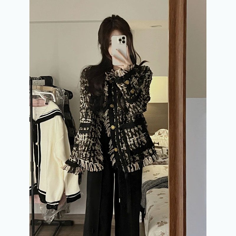 重工編織流蘇小香風短款外套夾棉加厚女秋冬高級感韓系溫柔粗花呢
