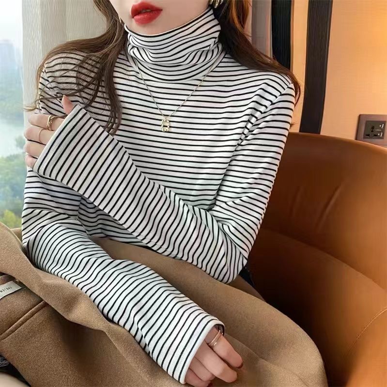 加絨加厚半高領條紋打底衫女長袖t恤秋冬內搭修身洋氣百搭ins上衣