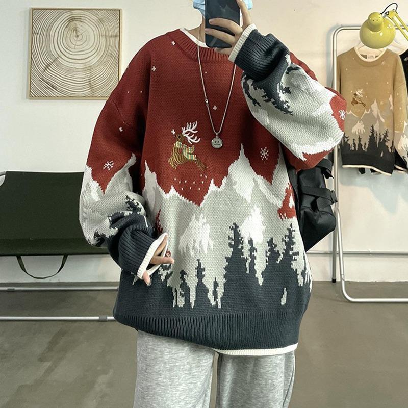 Christmas Elk Pattern American Retro High Street Sweater Men's Autumn and Winter Thickened Versatile Net Red Knitted Sweater Jacket