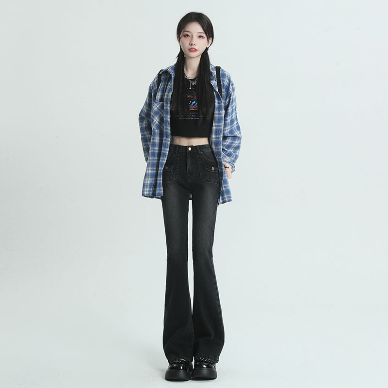 145 short size xs black gray high waist thin bootcut jeans women's autumn and winter straight slim flared trousers