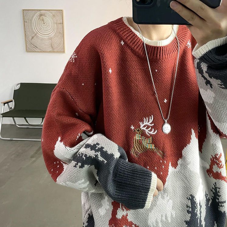 Christmas Elk Pattern American Retro High Street Sweater Men's Autumn and Winter Thickened Versatile Net Red Knitted Sweater Jacket