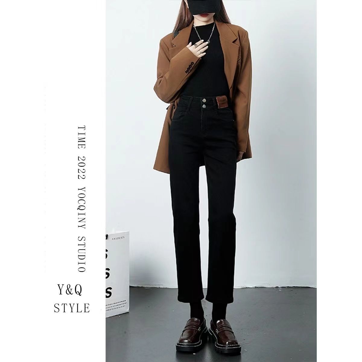 YSYOURS黑色直筒牛仔褲女春秋季2023新款顯瘦大碼九分煙管高腰褲