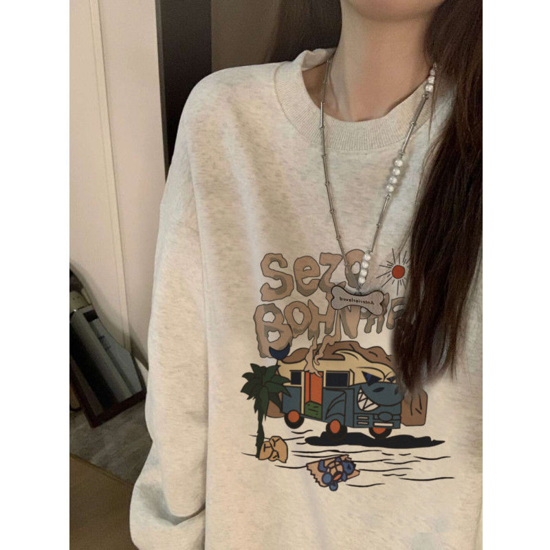 美式復古落肩衛衣女秋冬加絨加厚寬鬆慵懶風oversize無帽套頭上衣