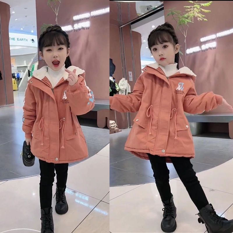 Girls 2022 fashion foreign style plus velvet and cotton jacket girl mid-length cotton coat Korean version of the party overcoat