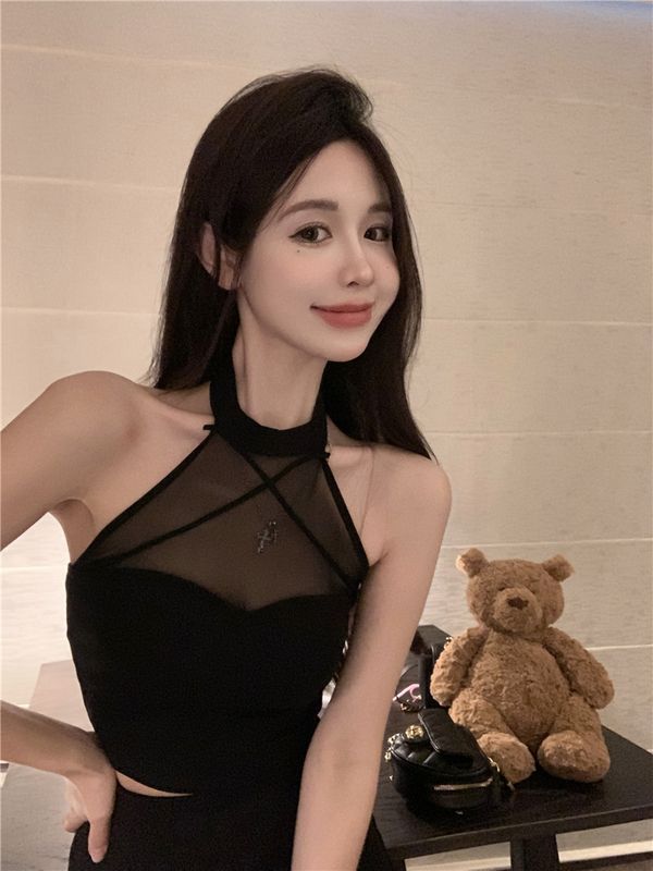 純欲網紗拼接半高領黑色吊帶背心女夏季性感露肩無袖打底衫上衣潮