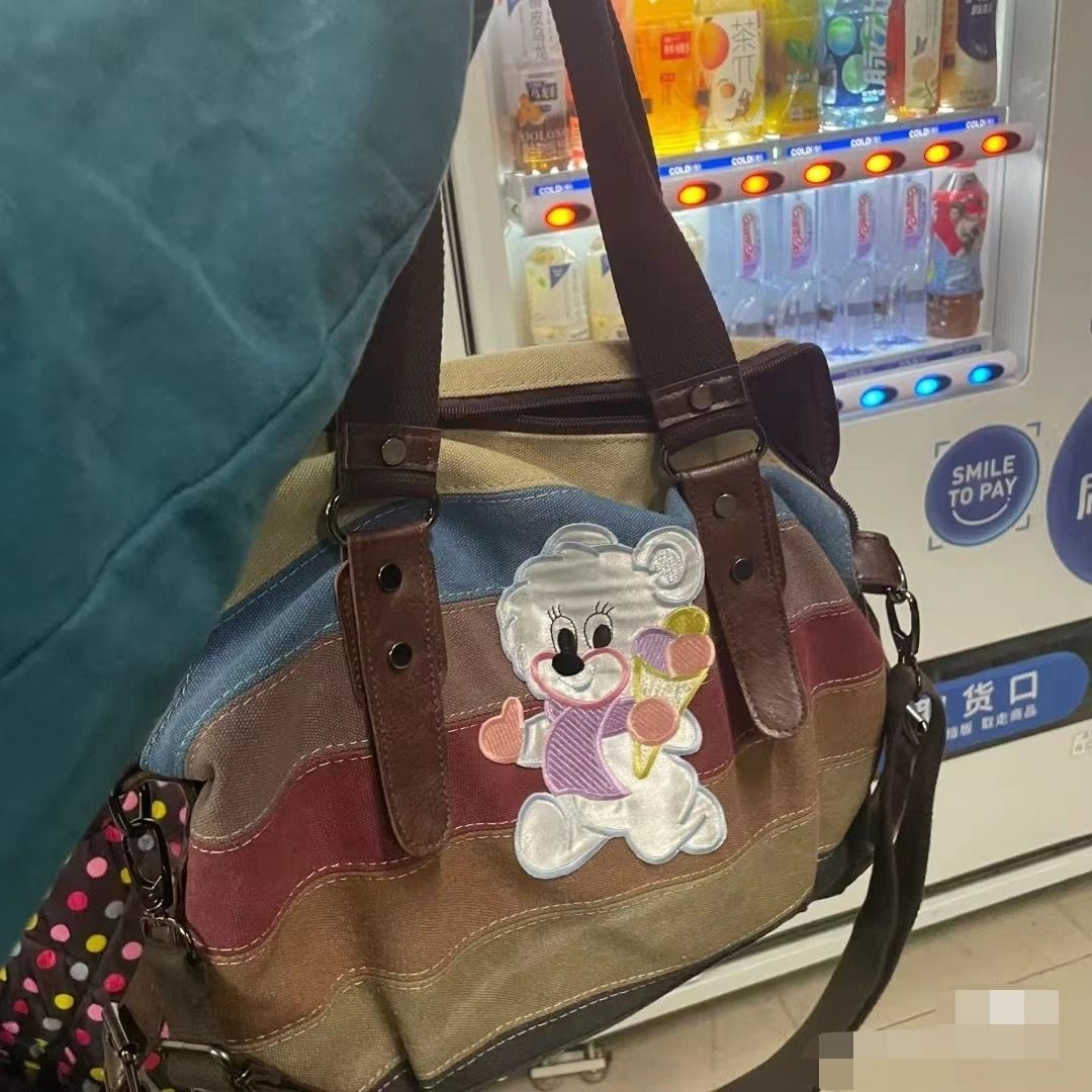原創新款小熊y2k辣妹條紋帆布單肩包托特包休閒小眾設計可愛包