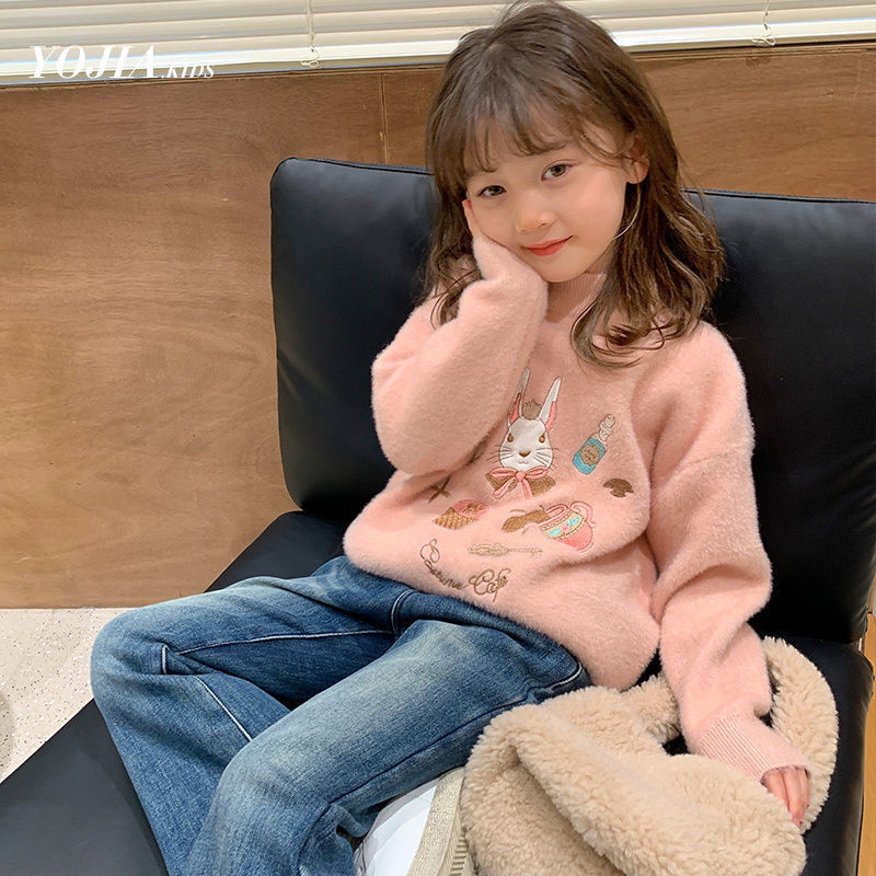 女童毛衣2023秋冬新款韓版洋氣兒童加厚一體絨女孩針織不起球上衣