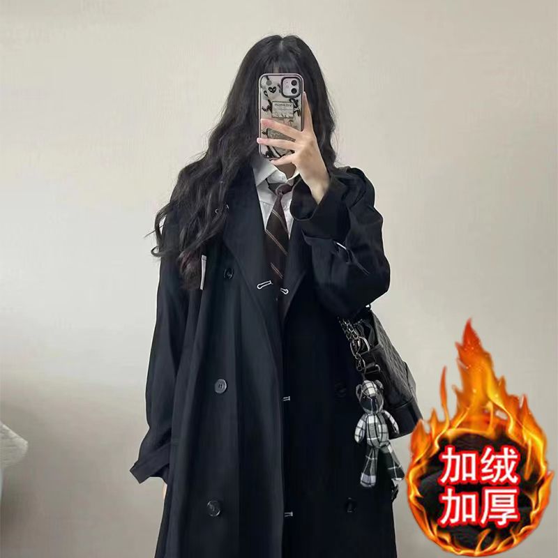 Plus velvet thick autumn and winter new Korean version of the dark windbreaker women's double-breasted square collar mid-length coat coat