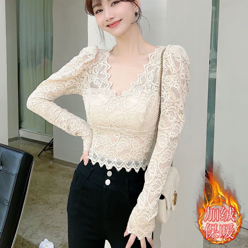 French V-neck hollow velvet warm lace top for women 2023 spring new slim fit long-sleeved bottoming shirt