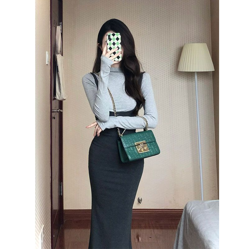 筱姿长袖吊带连衣裙女韩版2023新款法式高级感背带裙子两件套装女