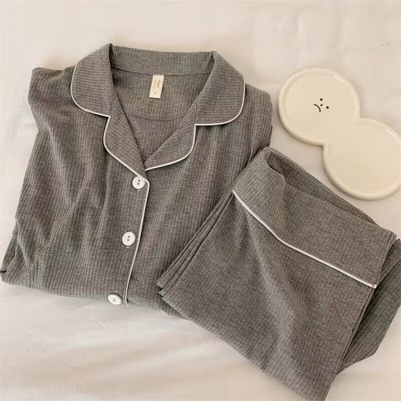 韓款睡衣女春秋款長袖高級感灰色簡約可愛開衫可外穿家居服兩件套