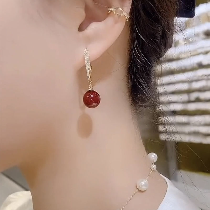 设计感红色珍珠耳环925银针镶钻精致百搭耳坠高级感气质法式耳饰