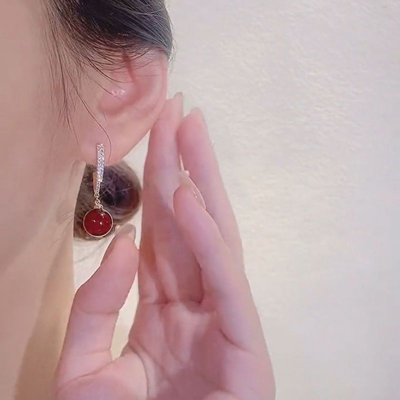设计感红色珍珠耳环925银针镶钻精致百搭耳坠高级感气质法式耳饰