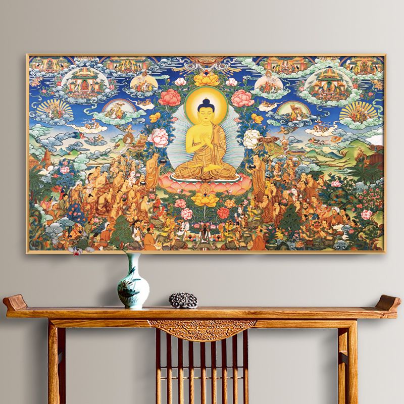 释迦牟尼佛像画唐卡挂画藏族客厅供桌佛祖壁画佛堂背景装饰画带框 detail 1