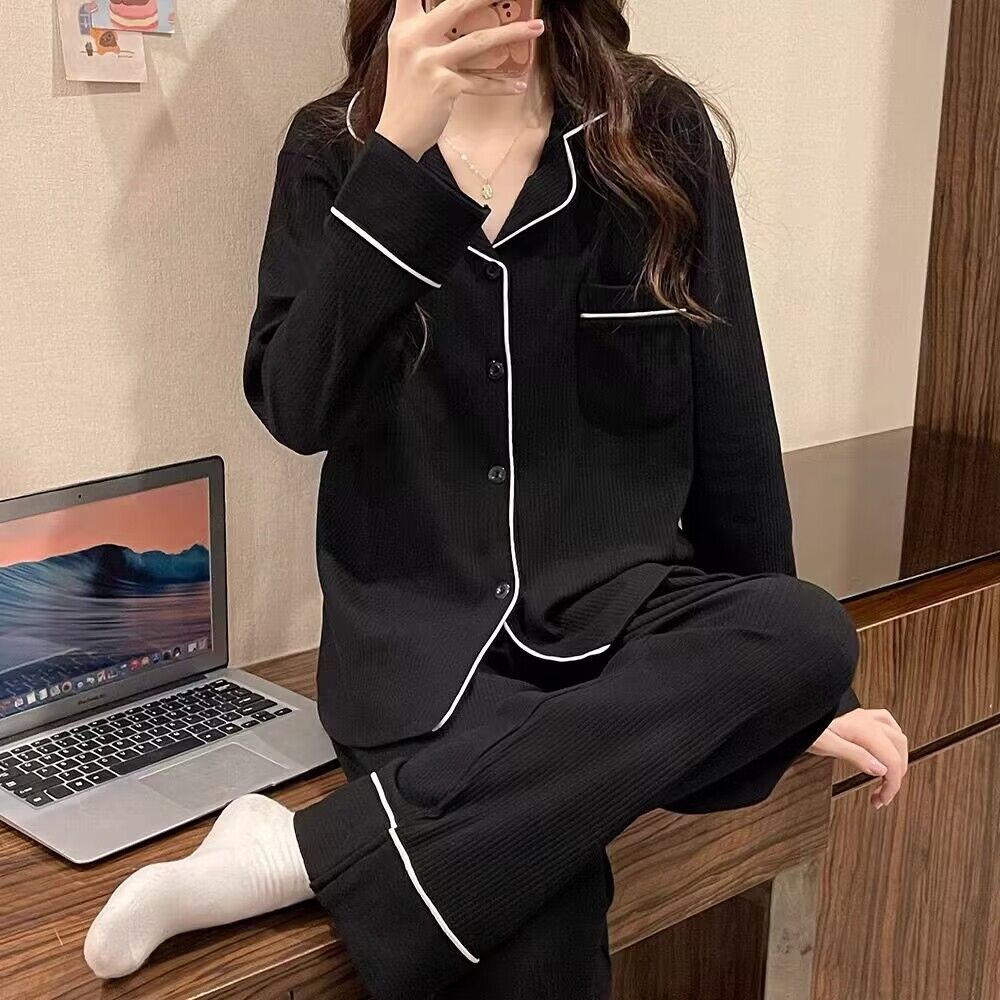 睡衣女春秋薄款長袖套裝可愛簡約黑色家居服夏季女士可外穿網紅風