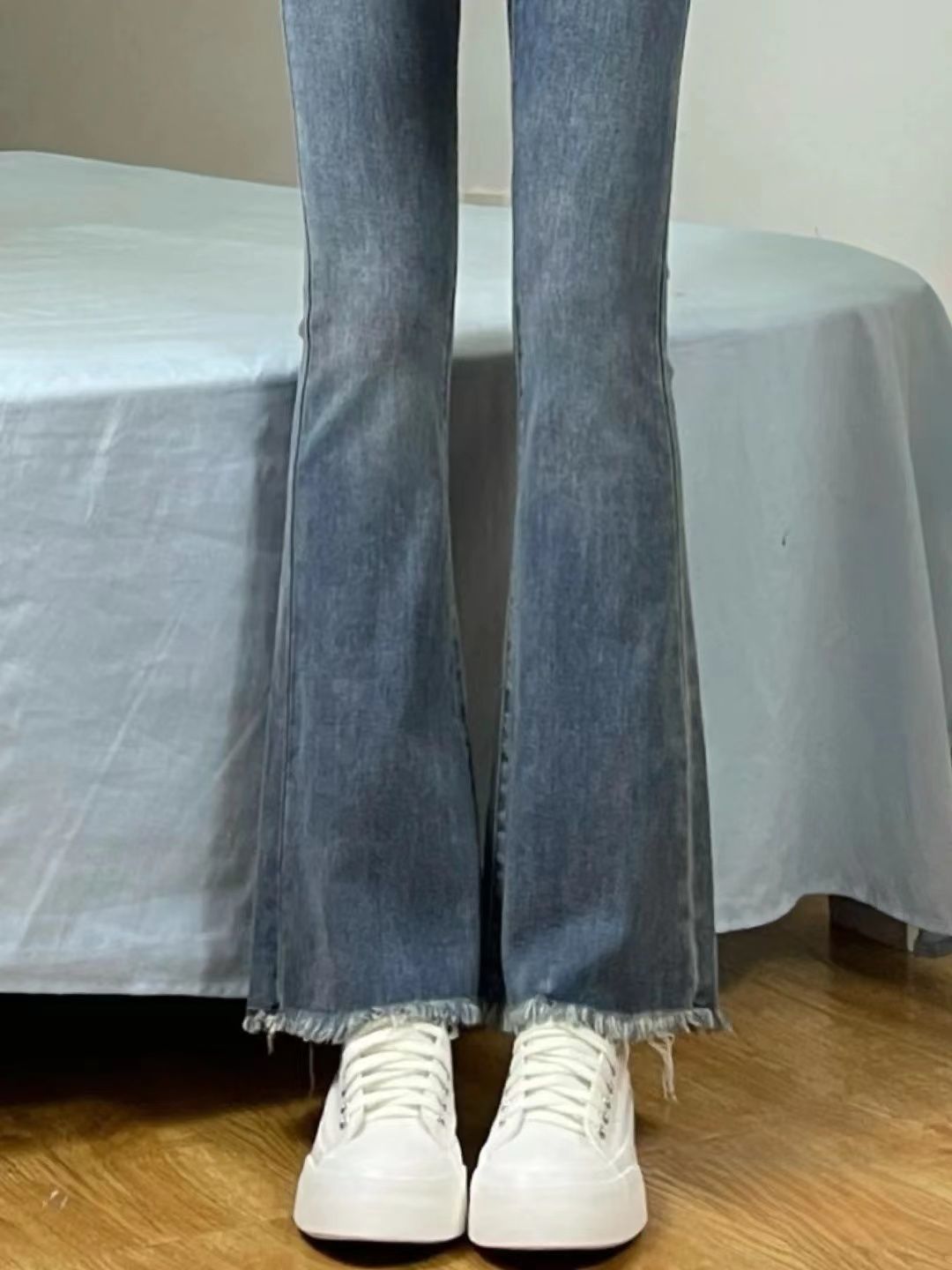 顯瘦喇叭牛仔褲女微喇毛邊春秋大碼胖mm高腰修身復古港味闊腿長褲