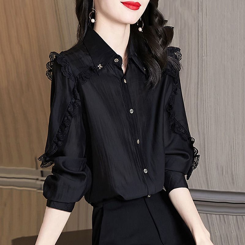 翻領襯衫女2022秋季新款荷葉邊蕾絲拼接法式復古寬鬆外穿長袖上衣