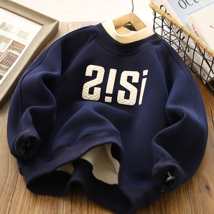 Babyfeet boys fleece sweater 2022 autumn and winter new middle and big children's all-in-one fleece top warm bottoming shirt
