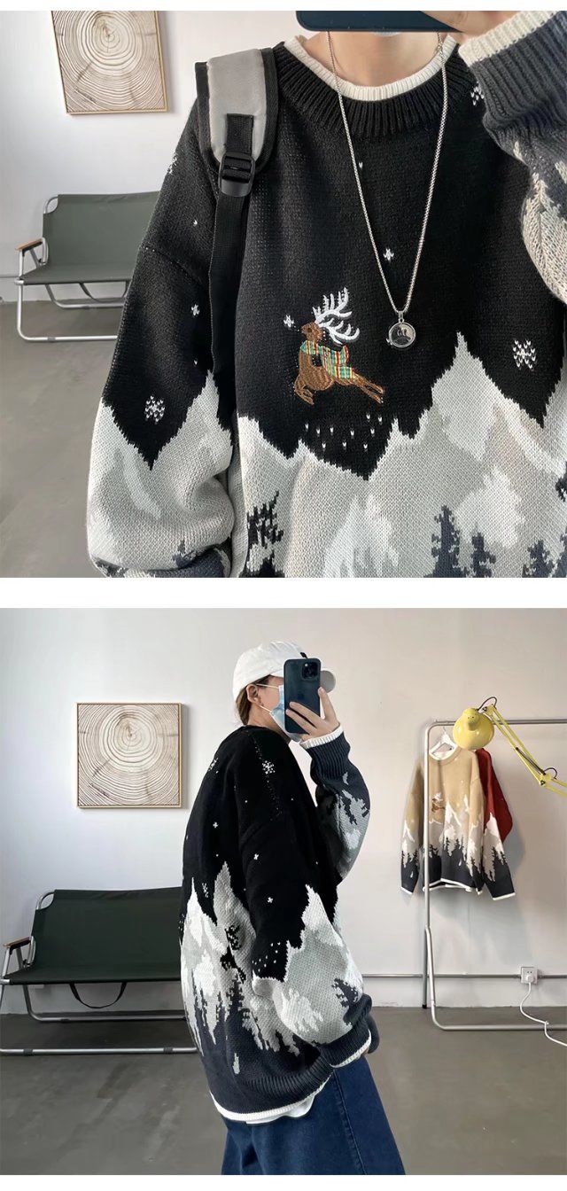 Herren Pullover Rundhals Mit Elch Motiv Für Herbst Und Winter_voghion.com