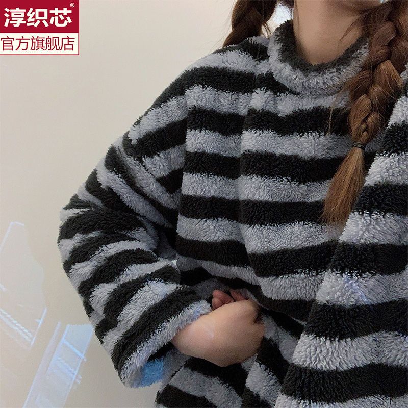 條紋睡裙女秋冬新款簡約寬鬆加絨加厚珊瑚絨睡衣孕婦法蘭絨連衣裙