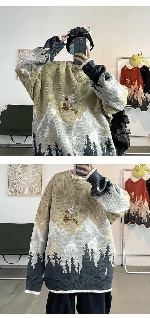 Herren Pullover Rundhals Mit Elch Motiv Für Herbst Und Winter_voghion.com