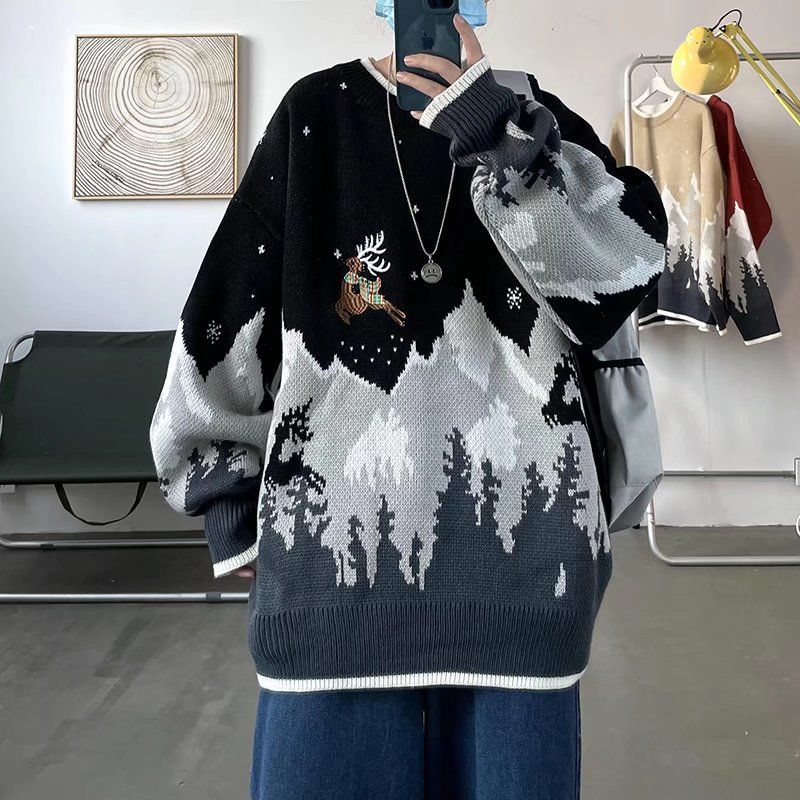 Herbst und Winter Rundhals-Elchpullover Herren American Ins Vielseitiger, locker gestrickter Freizeitmantel_voghion.com