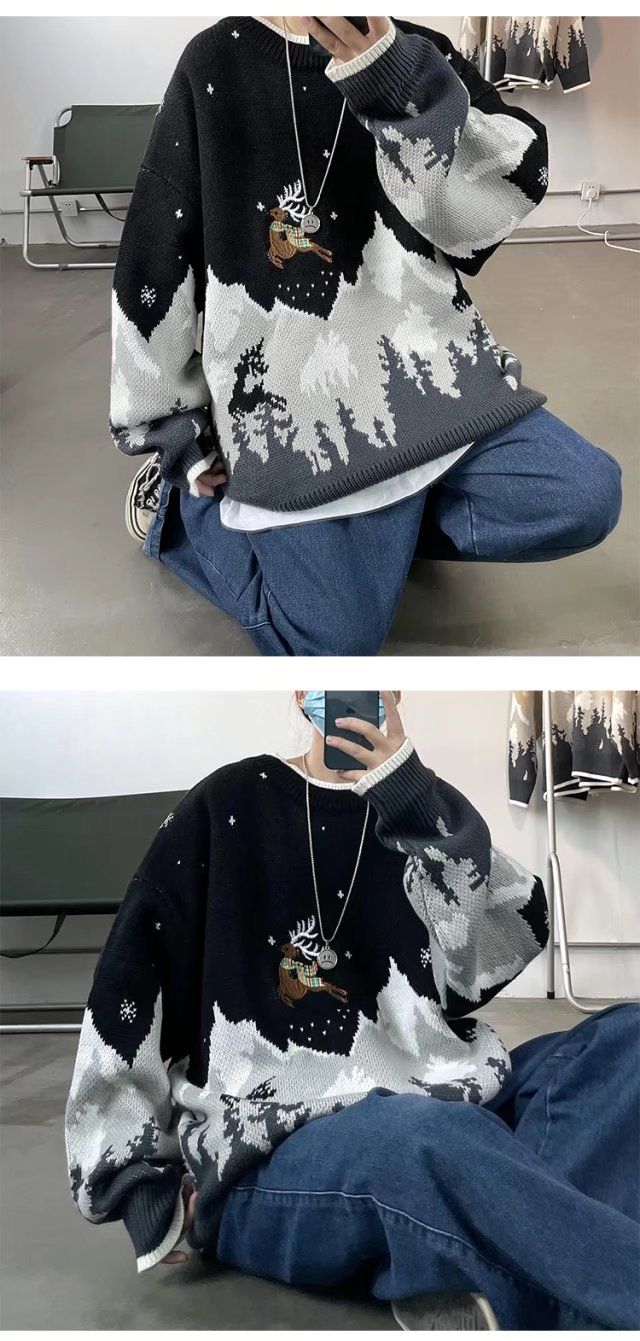 Herren Pullover Rundhals Mit Elch Motiv Für Herbst Und Winter_voghion.com