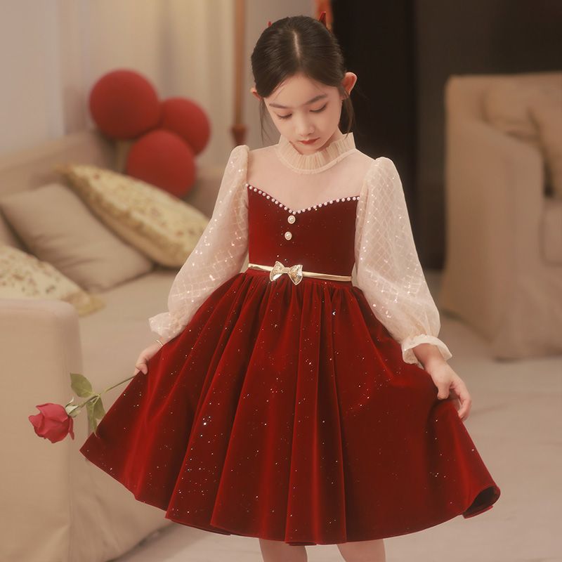 兒童生日晚禮服女童秋冬酒紅色絲絨公主裙小女孩主持演出禮服高端